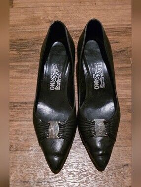 Salvatore Ferragamo Black Pointed Leather Pumps with Silver Tone Logo Accent